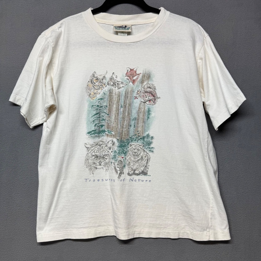 Vtg Northern Reflections Treasures of Nature Graphic T-Shirt M White Animals
